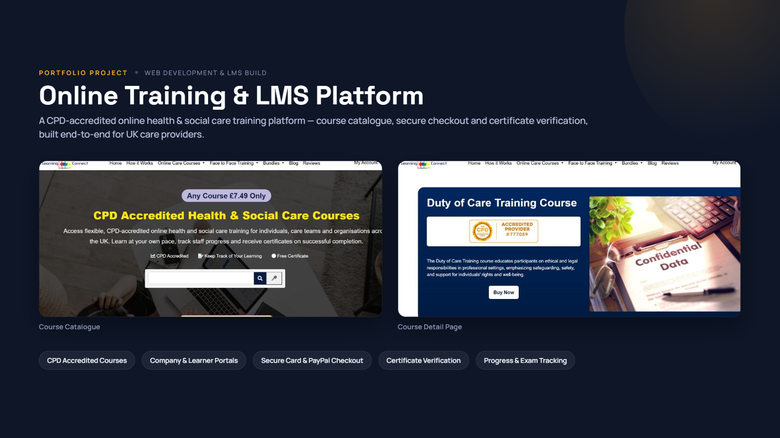 Custom LMS in CodeIgniter – Online Care Training Platform (UK)